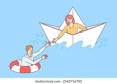 Help drowning business man, from woman sailing on paper ship on dangerous sea. Lady extends hand to partner who has fallen overboard, to help colleague and maintain established team