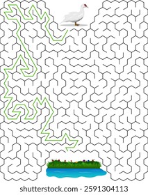 Help the duck find her home in the beautiful lake game. Vector flat labyrinth. Maze game with solution.