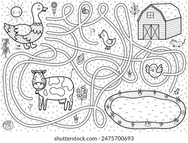 Help the duck to find a way to the pond. Farm maze black and white activity page for kids. Mini game for school and preschool. Vector illustration