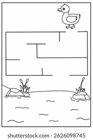 Help the duck to find its way through the path, Maze worksheet animals, duck activity, animal, animals, labyrinth activity for kids, balck and white maze printable for kindergarten, maze coloring page