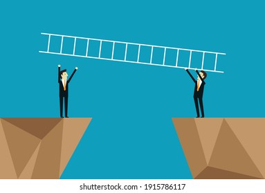 Help each other build a ladder to cross obstacles, Vector illustration in flat style