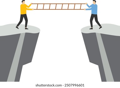 Help each other build a ladder to cross obstacles, Vector illustration in flat style

