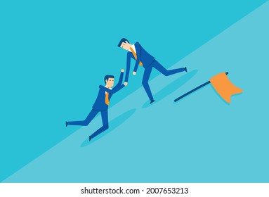 Ayudarse mutuamente a escalar la barrera para alcanzar el objetivo, concepto de diseño de ilustración vectorial en estilo plano