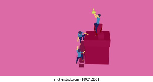 help each other to get to the top. lift the trophy. Teamwork Concept and success. Easy to edit and Customize. Vector illustration. Flat design style.