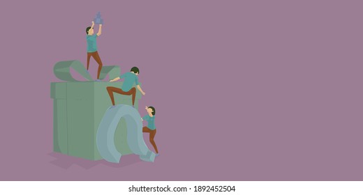 help each other to get to the top. lift the trophy. Teamwork Concept and success. Easy to edit and Customize. Vector illustration. Flat design style.
