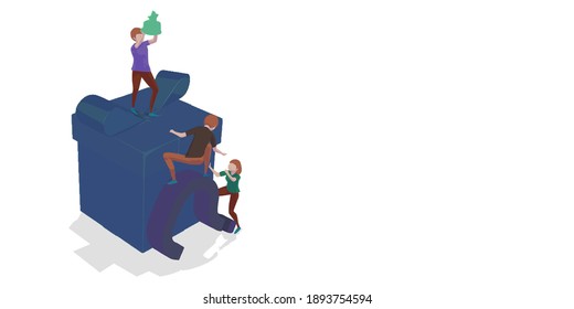 ayudarse mutuamente para llegar a la cima. levante el trofeo. Concepto de trabajo en equipo y éxito. Fácil de editar y personalizar. Ilustración vectorial. Diseño plano.