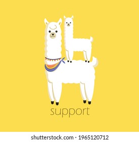 Help each other. Happy big white alpaca supporting baby alpaca