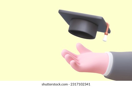 Help in education. Tutor, teacher services. Successful completion of studies. 3D hand throws graduates hat into air. Vector banner with empty space for text
