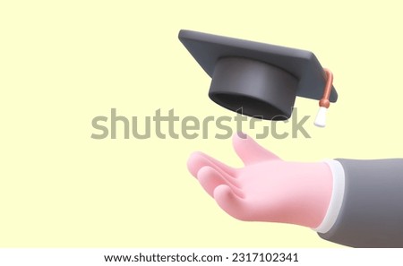 Help in education. Tutor, teacher services. Successful completion of studies. 3D hand throws graduates hat into air. Vector banner with empty space for text
