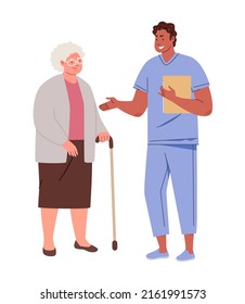 Help For Elderly. Grandmother At Reception At Geriatric Doctor. Visit To Medical Institution, Hospital. Nurse With Patient. Vector Characters Flat Cartoon Illustration.