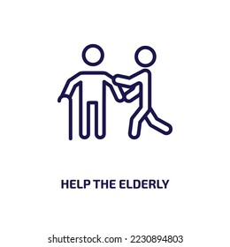 ayuda al icono de ancianos de la colección de personas. Una ayuda lineal delgada ayuda a los ancianos, viejos, ayuda a delinear icono aislado en el fondo blanco. El vector de línea ayuda a la señalización de los ancianos, símbolo para web y móvil
