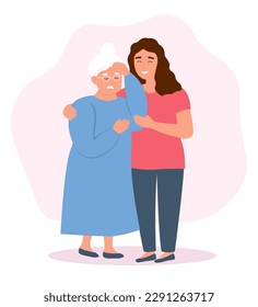 Help for the elderly. The old woman has a migraine, Alzheimer's headache. The nurse supports the patient. Vector flat graphics.