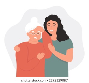 Help for the elderly. The old woman has a migraine, Alzheimer's headache. The nurse supports the patient. Vector flat graphics.