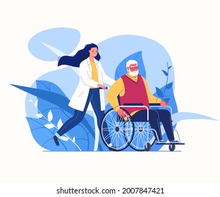 Help for elderly. Organization for care of disabled. Compassionate and competent solicitude. Daily nurse. Vector flat cartoon illustration.