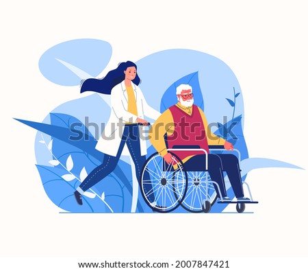 Help for elderly. Organization for care of disabled. Compassionate and competent solicitude. Daily nurse. Vector flat cartoon illustration. Сток-фото © 