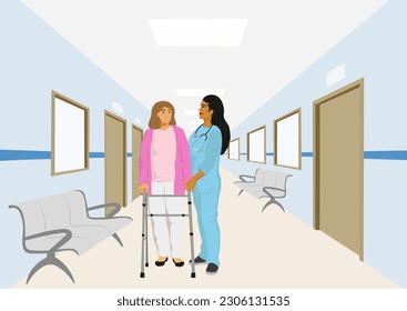 Help for elderly people. Clinic nurse assists senior woman with walker in hospital interior. Young woman help old woman using a walking frame. Hospital life and nurse with patient. Vector illustration