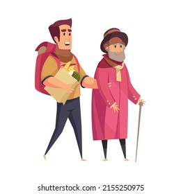 Help elderly people composition with cartoon style human characters of young assist senior vector illustration