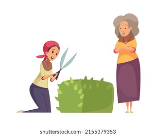 Help elderly people composition with cartoon style human characters of young assist senior vector illustration