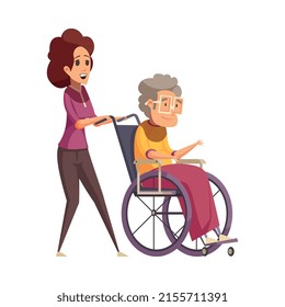 Help elderly people composition with cartoon style human characters of young assist senior vector illustration