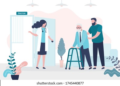 Help for elderly people. Volunteer or son brought grandfather to doctor’s appointment. Concept of geriatric care. Hospital visit, medical facility and nurse with patient. Flat vector illustration