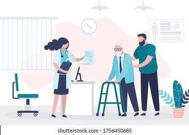 Help for elderly people. Volunteer or son brought grandfather to doctor’s appointment. Concept of geriatric care. Hospital visit, medical facility and nurse with patient. Flat vector illustration