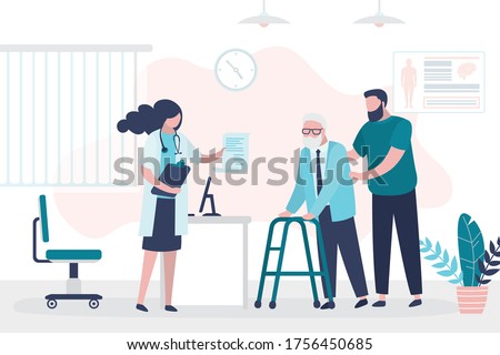 Help for elderly people. Volunteer or son brought grandfather to doctor’s appointment. Concept of geriatric care. Hospital visit, medical facility and nurse with patient. Flat vector illustration