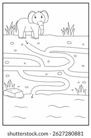 Help the elephant to find its way through the path, Maze worksheet animals, animals labyrinth activity for kids, black and white maze printable for kindergarten, maze coloring page