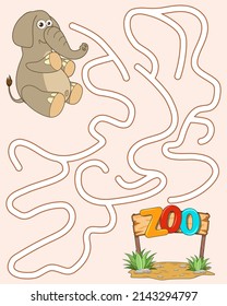 Help the elephant find way to Zoo. Logic Game for kids. Entry and exit. Labyrinth with solution. Educational maze game with cute wild character. Find the right path. Vector cartoon style illustration.