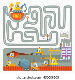 Ayudar al conductor de la excavadora a encontrar el lugar adecuado para la construcción.Concepto de diseño de juegos preparado para la educación preescolar.Ilustración de vectores 