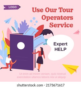 Help experts to arrange your trip, use our operators service to get best vacation. Rest and relaxation, leisure on resort. Consultant assisting in choosing destination and trip. Vector in flat style