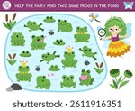 Help fairy find two same frogs in pond. Fairyland matching activity for children. Magic forest, woodland educational quiz worksheet for kids with cute animals in water. Printable game with toads
