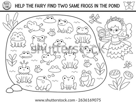 Help fairy find two same frogs in pond. Fairyland black and white matching activity, coloring page. Magic forest, woodland educational quiz worksheet with water animal. Printable game with toad