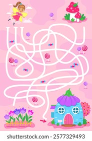 Help the fairy get to her magical house. Labyrinth. Maze game for children. Vector illustration.