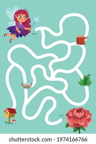 Help the fairy to rich the flower. Maze game for kids. Vector illustration.