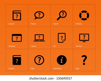 Help and FAQ icons on orange background. Vector illustration.