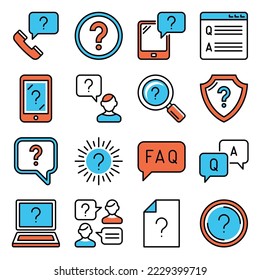 Help and FAQ Question Icons Set on White Background. Line Style Vector