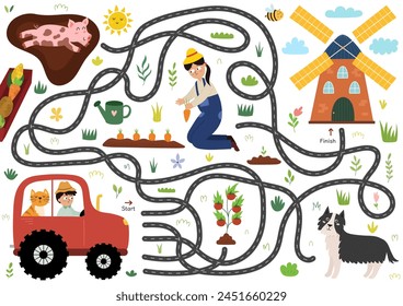 Help the farmer and the cat to drive on the tractor to the windmill. Farm maze activity for kids. Mini game for school and preschool. Vector illustration