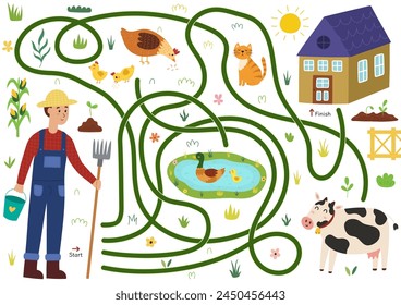 Help farmer to find a way to the house. Farm maze activity for kids. Mini game for school and preschool. Vector illustration