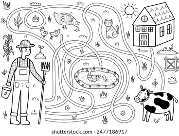 Help farmer to find a way to the house. Farm maze black and white activity page for kids. Mini game for school and preschool in outline. Vector illustration