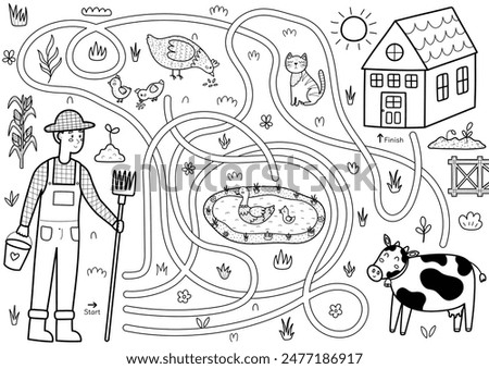 Help farmer to find a way to the house. Farm maze black and white activity page for kids. Mini game for school and preschool in outline. Vector illustration