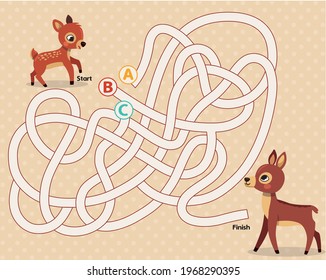 Help the fawn to reach her mother. Maze game for children. Vector illustration.