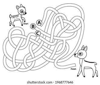 Help the fawn to reach her mother. Black and white maze game for children. Vector illustration. 