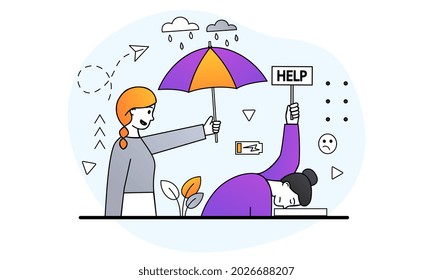 Help in fight against stress concept. Tired woman asks for help. Female character supports her friend and protects her from rain with umbrella. Cartoon flat vector illustration on white background