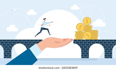 Help in financial success. Businessman running on the bridge. A helping hand with bridging economy gap assisting business people to overcome financial difficulties. Vector illustration