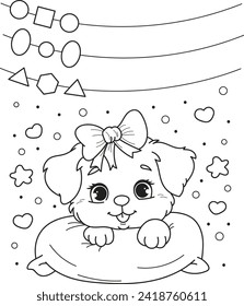 Help to find a pattern. Coloring page outline of the cartoon cute little dog on pillow at night. Colorful vector illustration of educational game for preschool children, summer coloring book for kids.