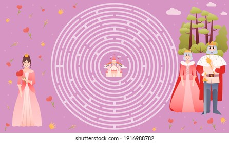 Help to find right way to palace, children logical game, circle maze for kids with royal family characters - king, queen and princess, printable worksheet or labyrinth for children books