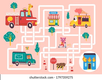 Help the fire engine find the right path to extinguish the fire. Color maze or labyrinth game for preschool children. Puzzle. Tangled road. Transport for kids