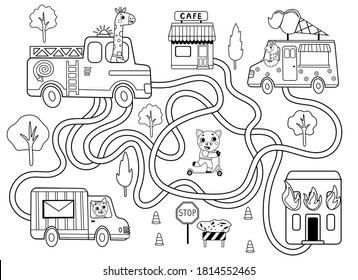 Hilf der Feuerwehr, den richtigen Weg zum Löschen des Brandes zu finden. Maze oder Labyrinth Spiel für Vorschulkinder schwarz-weiß zum Färben. Rätsel. Tangled Road. Kindertransport