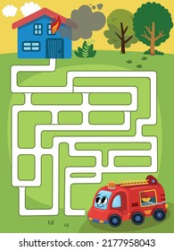 Help the fire engine to reach the burning house. Maze game for children. Vector illustration.
