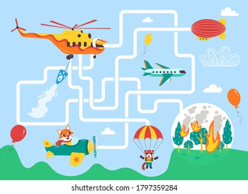 Help the fire helicopter find the right way to extinguish the fire. Color maze or labyrinth game for preschool children. Puzzle. Tangled road. Transport for kids